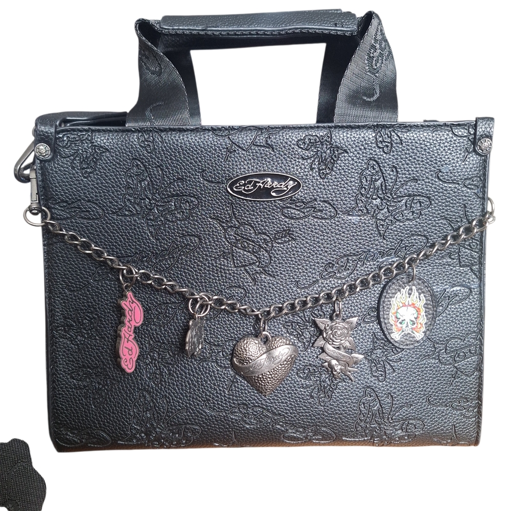 Ed Hardy Black Textured Bag with Charms